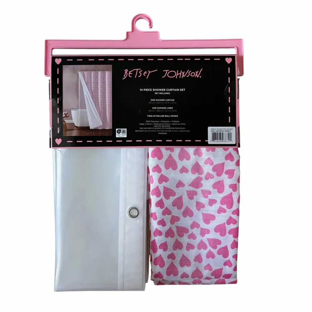 14pc Betsey Johnson Pink HEARTS Shower Curtain Hooks Liner Set 72x72 Valentine